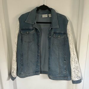 Chico’s Platinum Jean Jacket size 3 (XL) with white lace sleeves